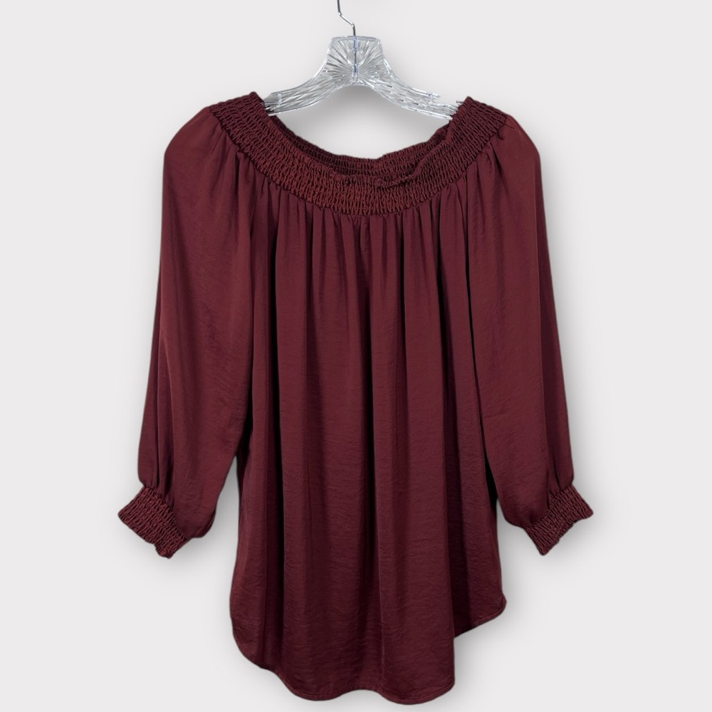 CAbi Copper Silky Off Shoulder Blouse with shirred hem, sz Sm